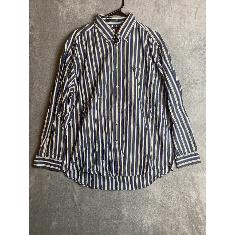 Tommy Hilfiger Mens Large Blue Striped Long Sleeve Button Front Shirt